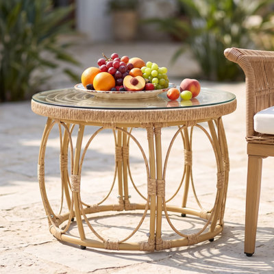26.8'' W Indoor Outdoor Coffee Table, Round Aluminum Patio Side Table with PE Wicker and Glass Top
