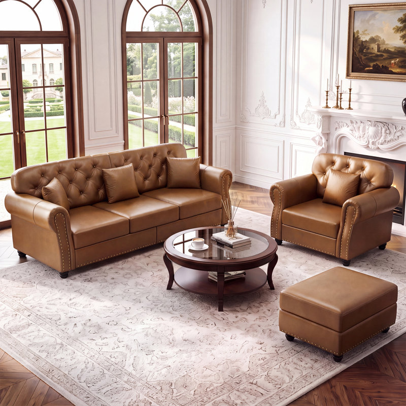 Ensemble de salon 3 pièces Mid-Century Chesterfield, Brown