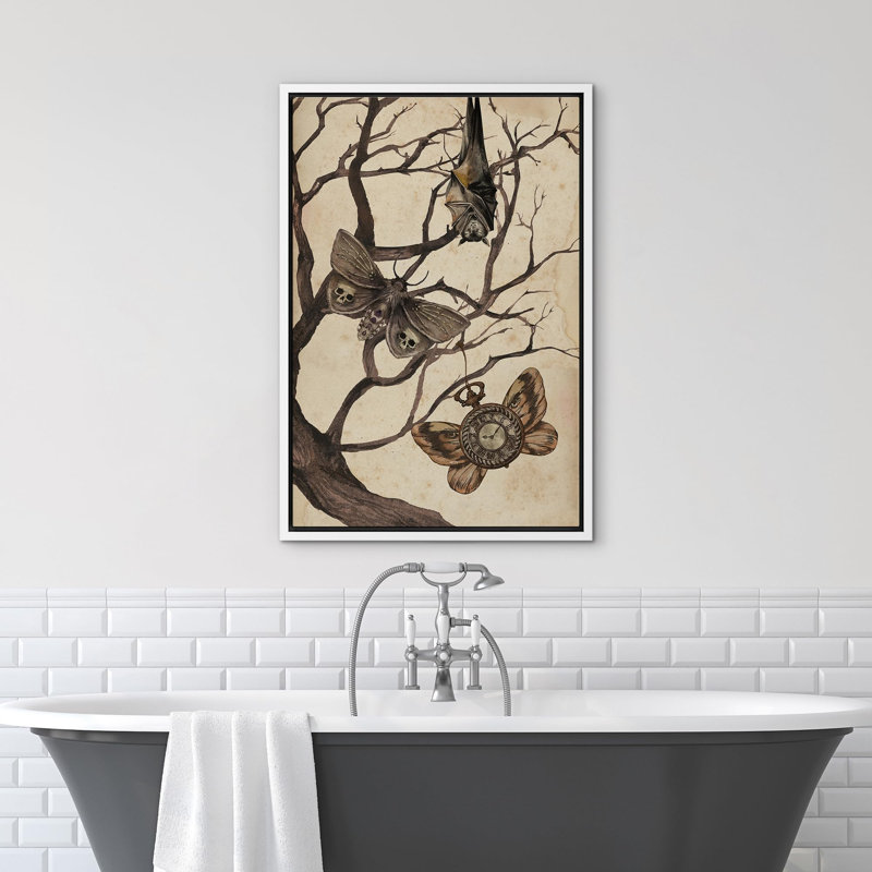 Moth and Cat debout sur un arbre, gothique, maussade, illustrations foncées, art moderne, Cadre flottant blanc