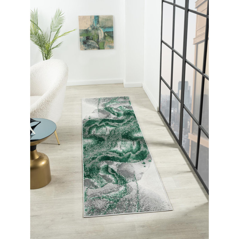 Nason Collection Abstract Grey/Green Area Rug,, Runner 2'2" x 7'9"