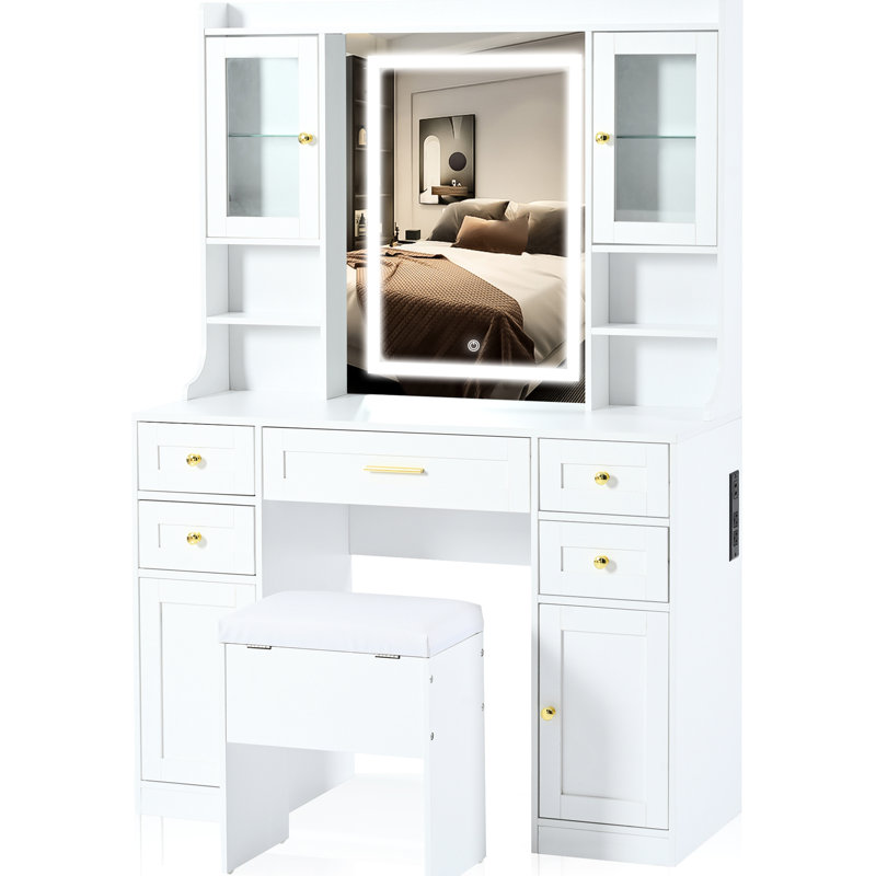 Meuble-lavabo de 41,4 po avec miroir, lumières tricolores, 5 tiroirs, 4 armoires, station de charge et tabouret rembourré blanc, grand espace de rangement pour les cosmétiques