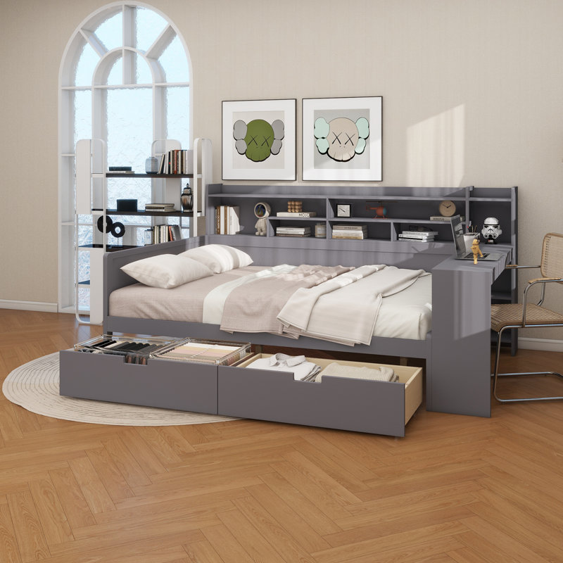 Wooden Full Size Daybed With Storage Shelves, Multi-Functional Bed With Two Storage Drawers And Study Desk, Antique White