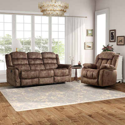 Kyrene 2-Piece Brown Microfiber Reclining Living Room Set With Swivel Rocker Heat & Massage Recliner And 87" Manual Reclining Sofa With Soft Backrest