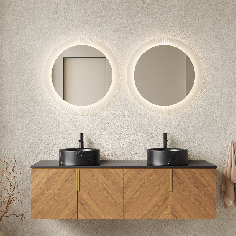 Meuble-lavabo de 60 po, lavabos ronds noirs, motif en pierre, comptoir fritté, chêne brun et système de fermeture en douceur, avec rangement facile à installer avec 2 lavabos en céramique, armoire à motif en marbre, -