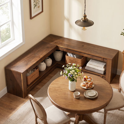 47.24" L-Shaped Solid Wood Dining Bench, Rustic Corner Kitchen Bench Seat with Storage Shelf, Farmhouse Nook Furniture for Breakfast Corner & Dining Room