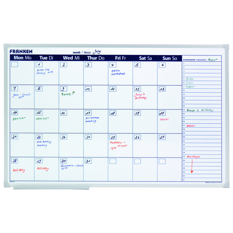 Monthly Planner Whiteboard 60cm H x 90cm W