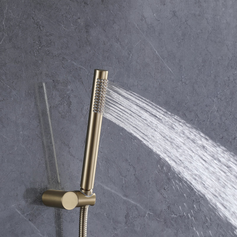 Wall Mounted Solid Brass Complete Shower System With Tub Spout And 3-Cross Handles, Brushed Gold