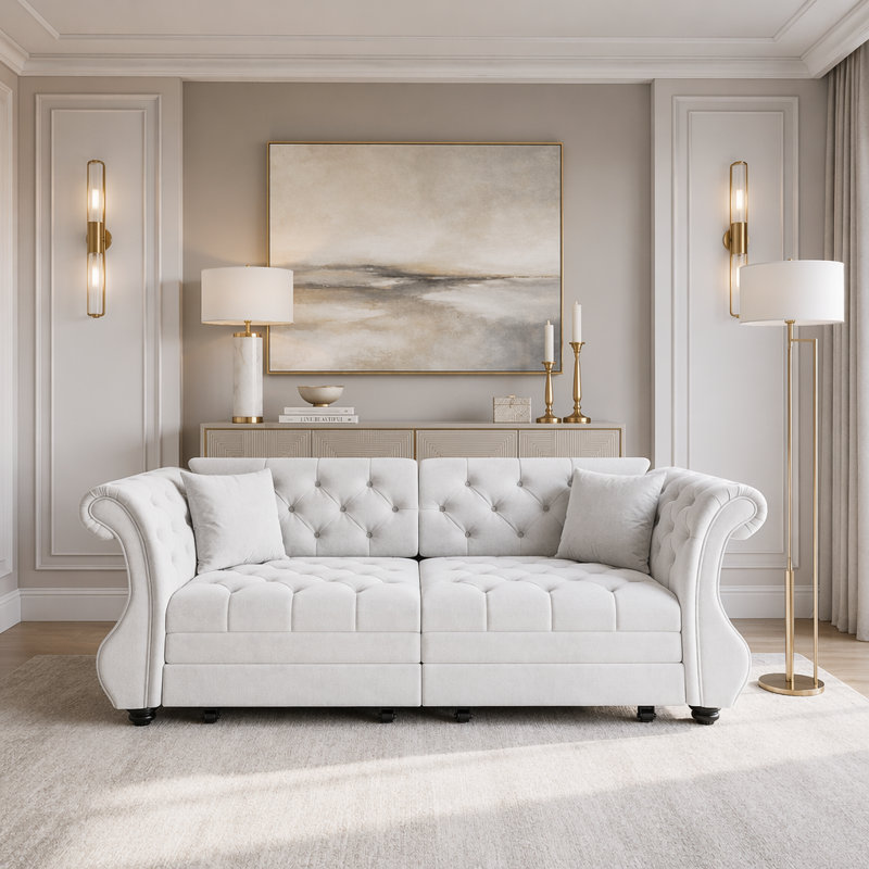 Très grand canapé-lit Chesterfield escamotable, canapé en velours à accoudoirs roulés classique, 3, LIGHT GREY