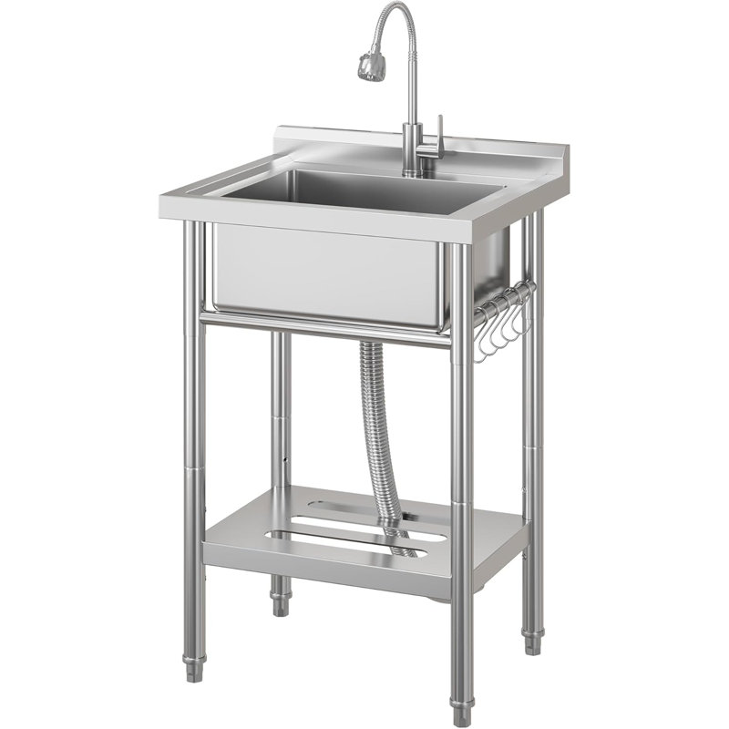 Stainless Steel Utility Sink, Free Standing Single Bowl Kitchen Sink, Adjustable Leg Height, with Faucet, Hot and Cold Water Pipes, Commercial Laundry Tub, Hook for Indoor Outdoor Farmhouse Use