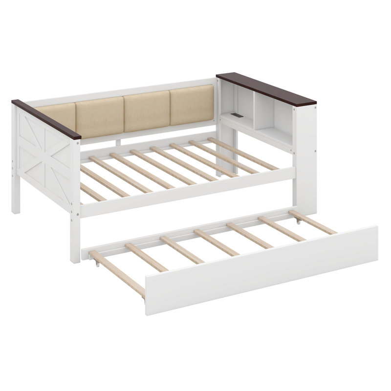 Lit de jour en bois avec tablettes de rangement, structure de lit de jour avec dossier rembourré, port USB et lit gigogne