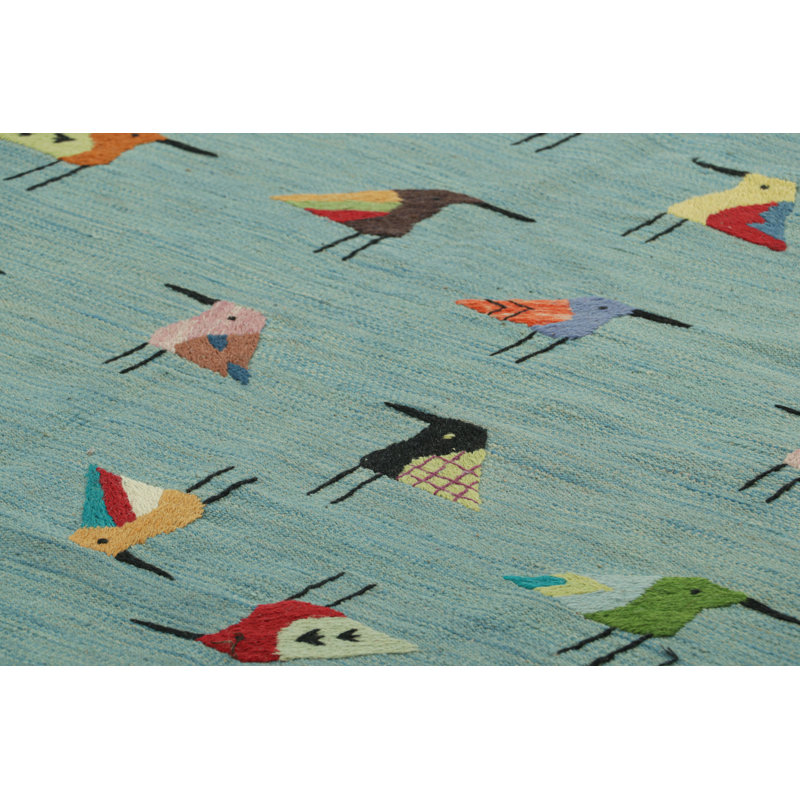 Rug & Kilim’S Suzani Kilim In Sky Blue With Polychromatic Bird Pictorials, Rectangle 9' x 12'