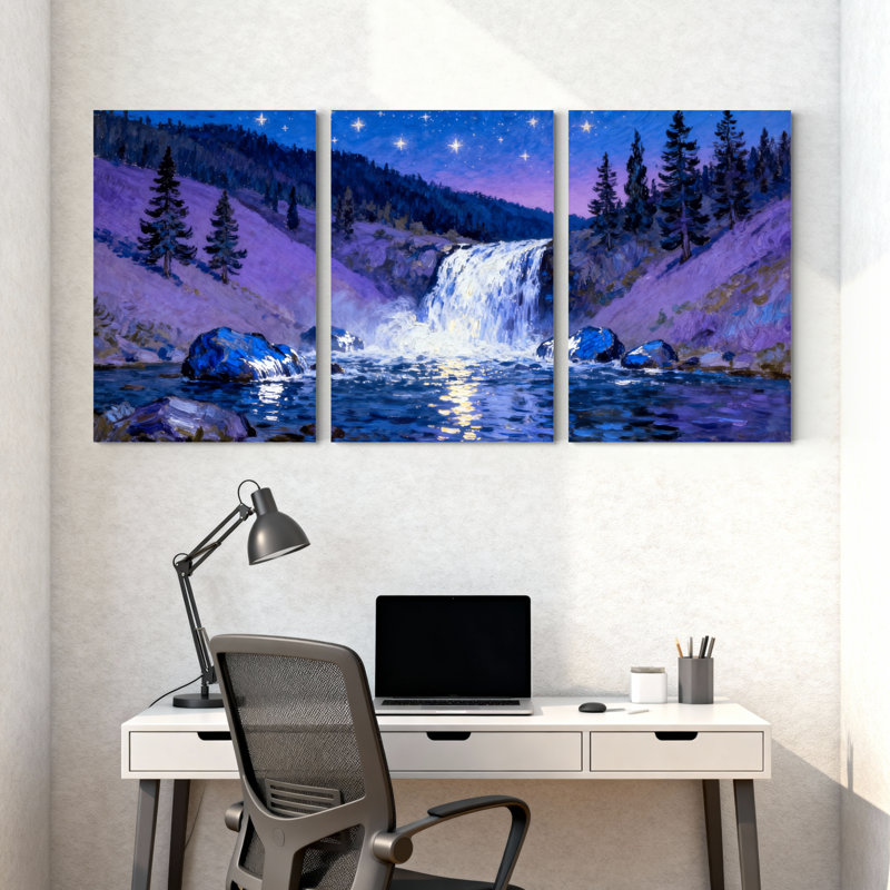 «Abstract Night Sky Waterfall Forest Reflection Stars Mountains Trees», ensemble de 3 impressions sur toile