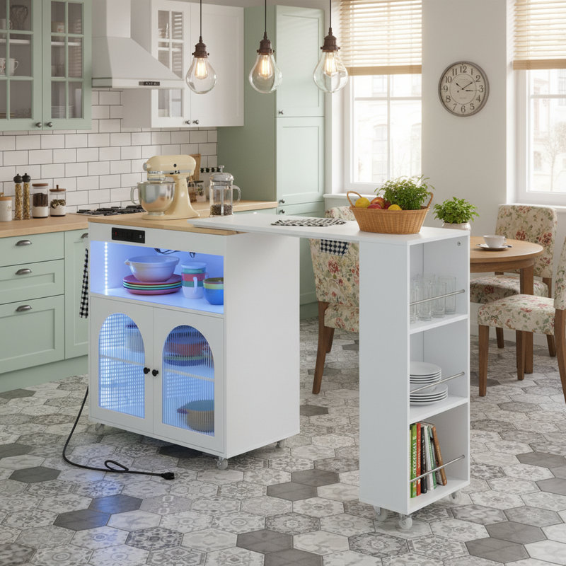 Rolling Pantry Cabinet, Kitchen Island with Extended Table, LED Lights, Power Outlets, Fluted Glass Doors & Storage Shelves, Ivory White