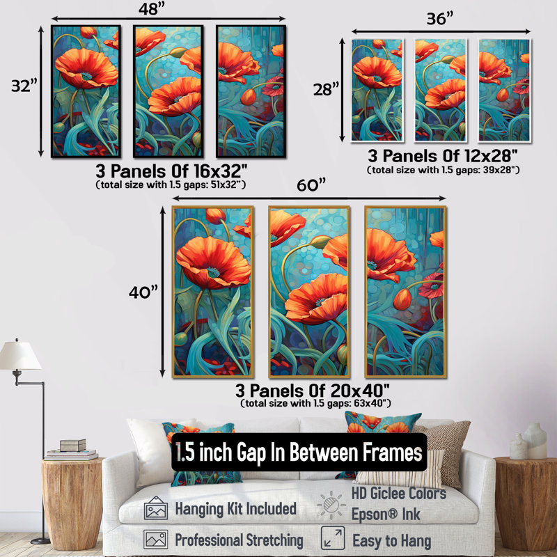 Corail et turquoise coquelicots dansant avec pétales - ensemble de reproductions d'art mural coquelicots, Cadre flottant noir