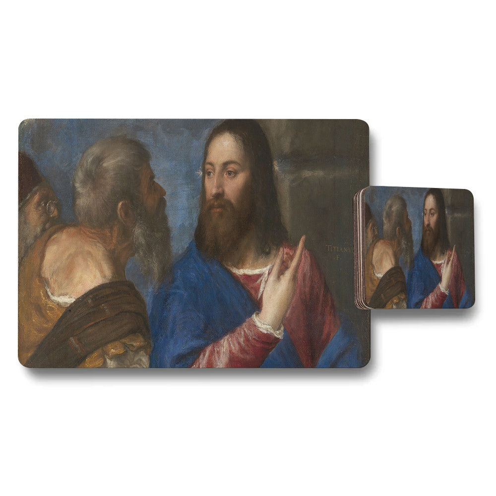 Religious Art Placemat And Coaster Set Featuring Jesus Portrait