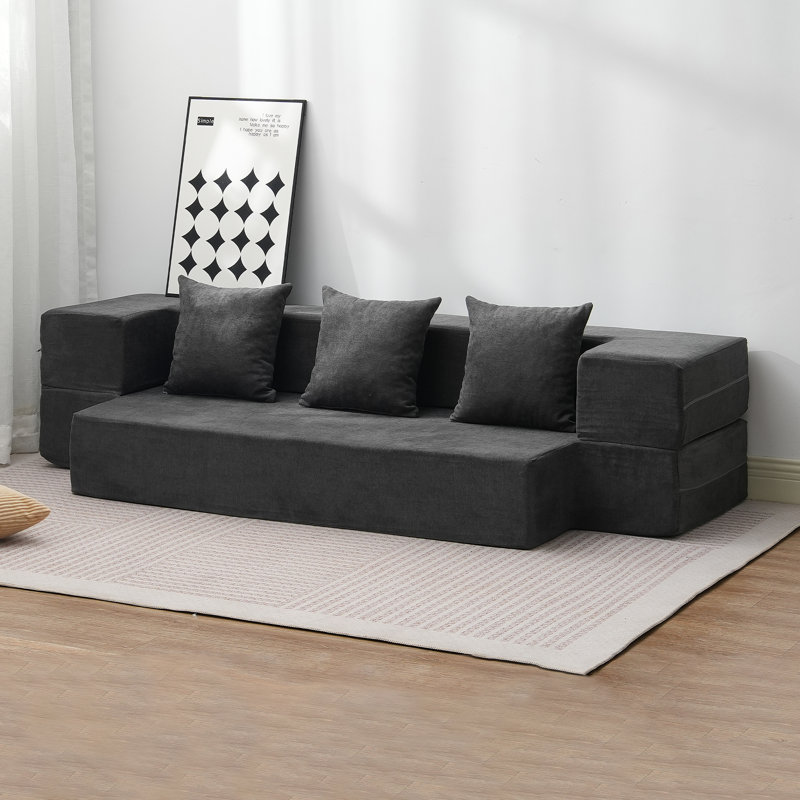 Boneless Folding Sofa Bed 3-in-1 Foldable Couch Bed with 3 Pillows Dark Grey Twin