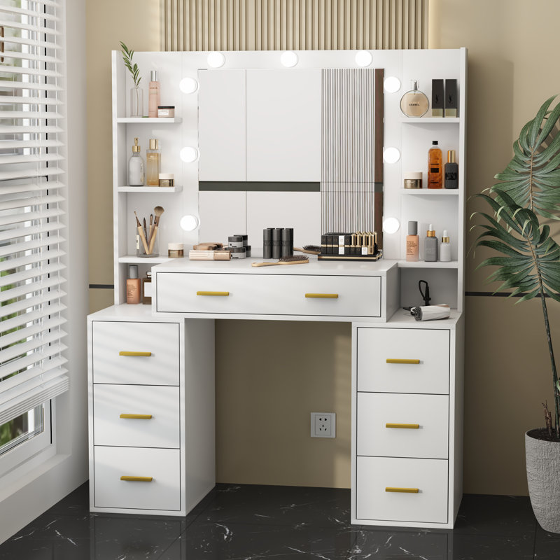 Everly Quinn Vanity Set with Lighted Mirror, 43'' Makeup Vanity with 