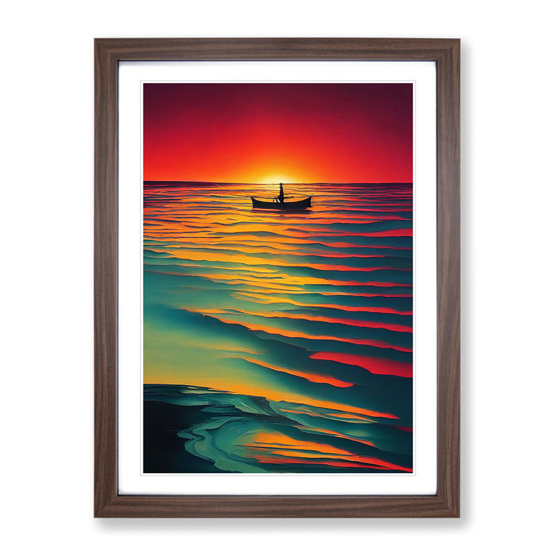 Boat And The Ocean Sunset - Print, Walnut Framed, 66cm H x 48cm W x 2cm D, White