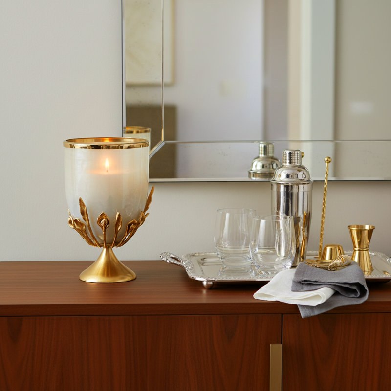Home Modern Glass Hurricane Candle Holder with Metal Sculpted Leaf Stand - Decorative Pillar Candlestick Holder for Entryway Tabletop - White & Gold