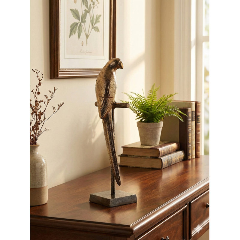 Figurine perroquet en aluminium doré 12 ", oiseau fabriqué à la main sur une branche pour décoration tropicale