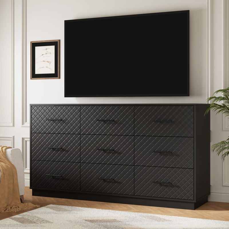 Commode moderne à 9 tiroirs de 58,8 po de largeur avec lumières DEL, façades de tiroir à motif de losanges et poignées en métal