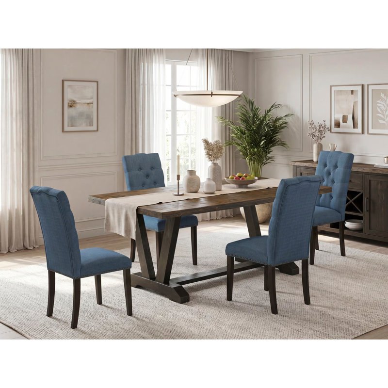 Ensemble de salle à manger moderne de 5 pièces comprenant une table rectangulaire en bois avec pieds en V et 4 chaises de salle à manger Parsons en lin bleu, 101,6 x 182,9 cm, multicolore