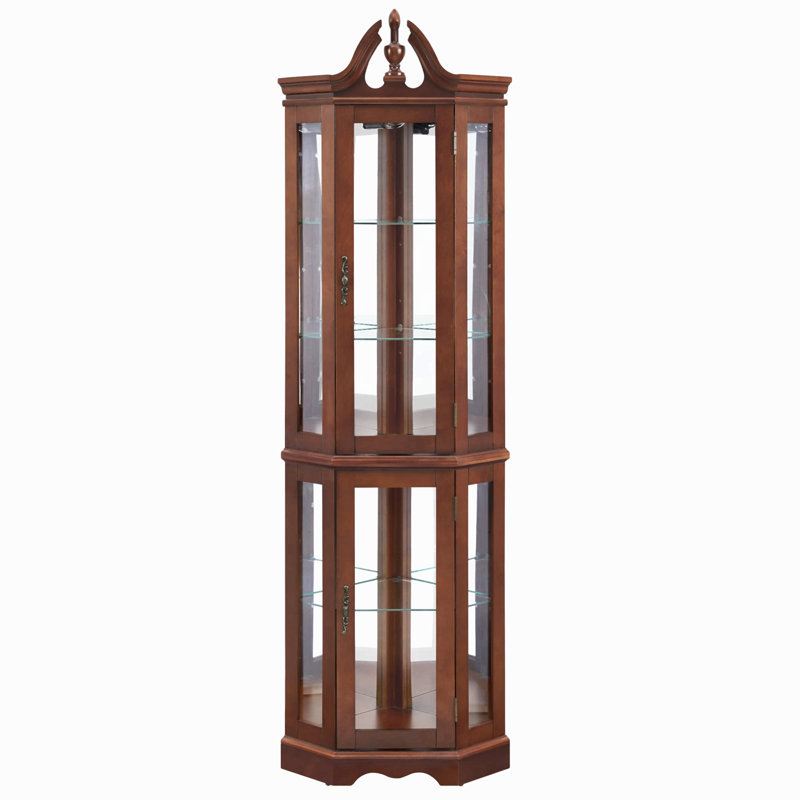 Vitrine de coin en noyer avec lumières, tablettes réglables en verre trempé, dos en miroir, vitrine