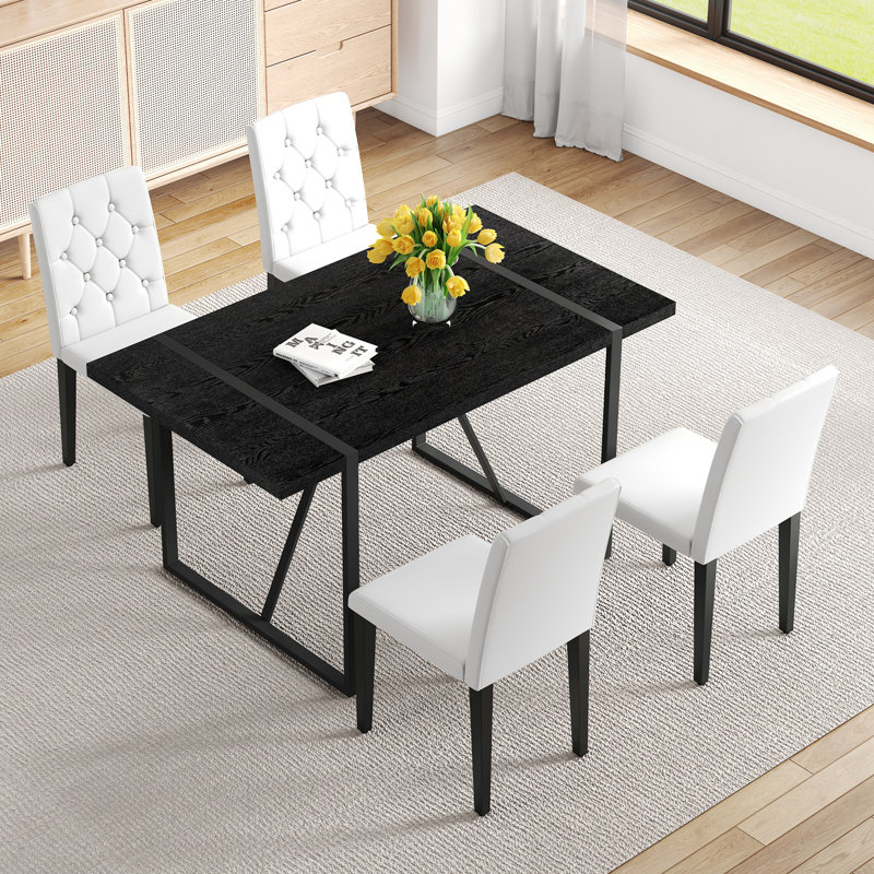 5-Piece Dining Table Set With Rectangular Table And 4 Button Tufted Back Chairs, White