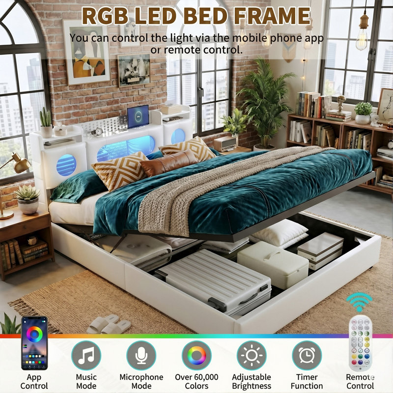 PU Leather Ottoman Bed, RGB LED Storage Headboard & USB-C Charging, European Double (140X200cm) & King (160X200cm) , White