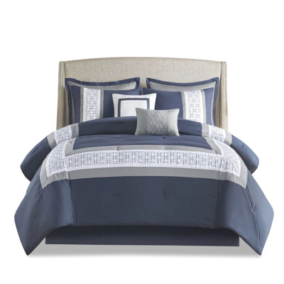 King Size 8 Piece Comforter Ensemble - Navy Embroidered, Pieces Embroidered Decorative Pillows, Transitional Bedroom Look