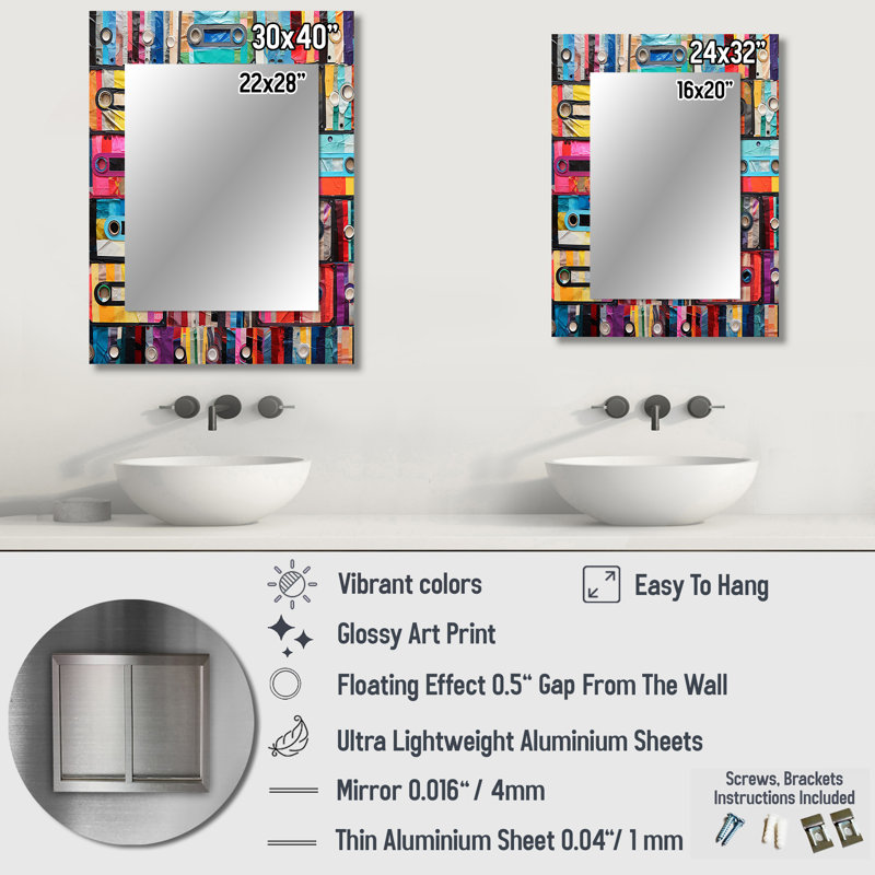 Cassette Tapes Tape Mosaic I - Cassette Tapes Large Wall Mirror, Modern, 40 po x 30 po