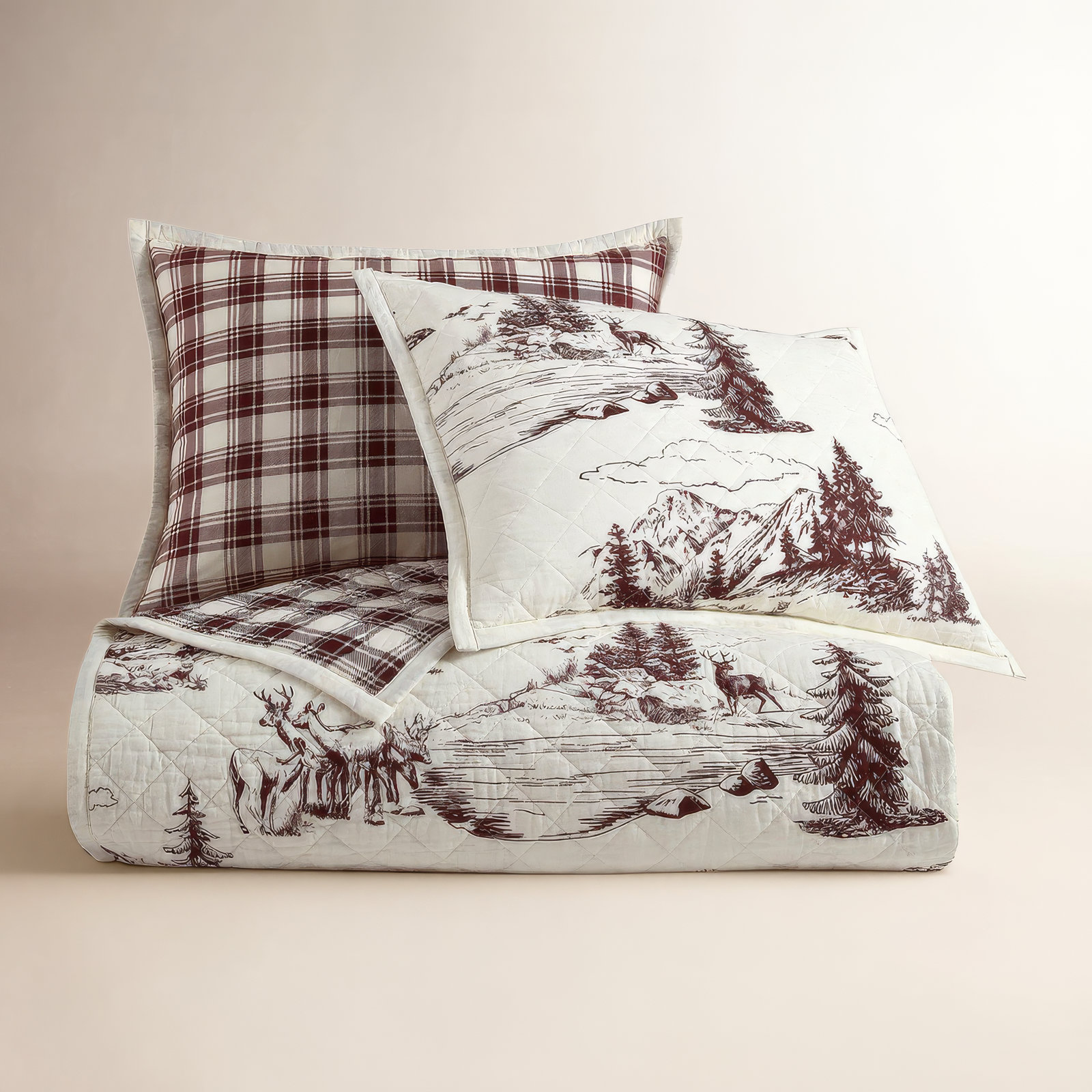 Jacinta White Brown Cotton Bear Deer Woodland Print Modern Rustic Cabin Lodge Quilt Set, Queen Quilt + 2 Standard Shams