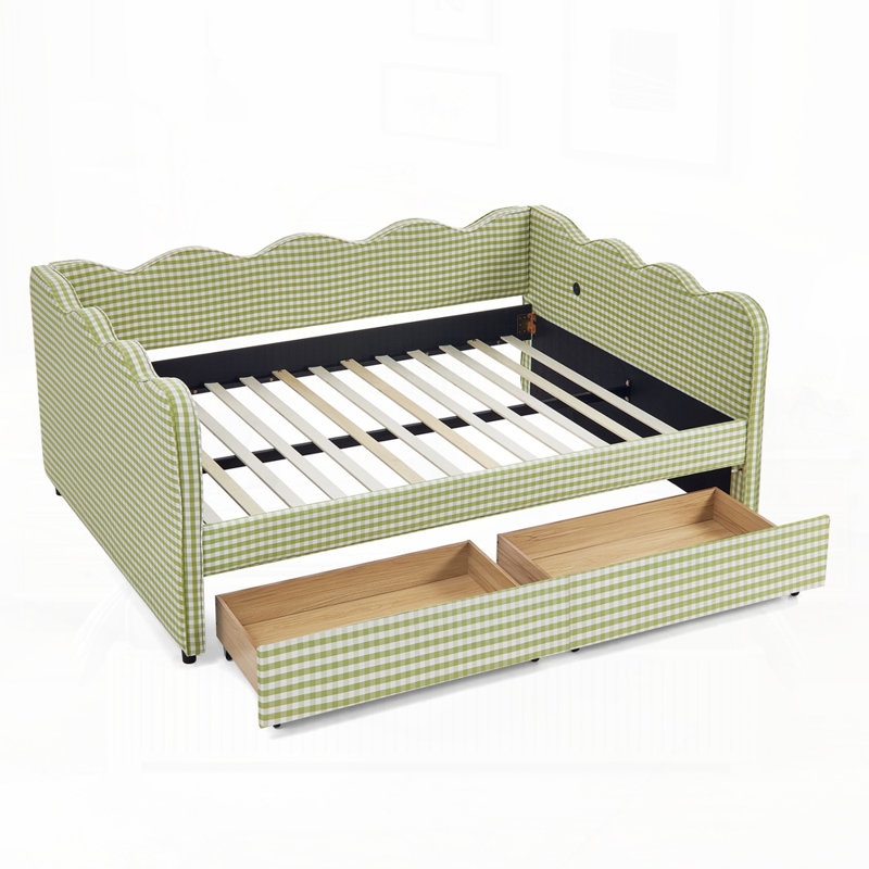 Linen Fabric Cozy Gingham Daybed with Two Storage Drawers and with USB Port and Adorable Wave Shaped, Full, Green