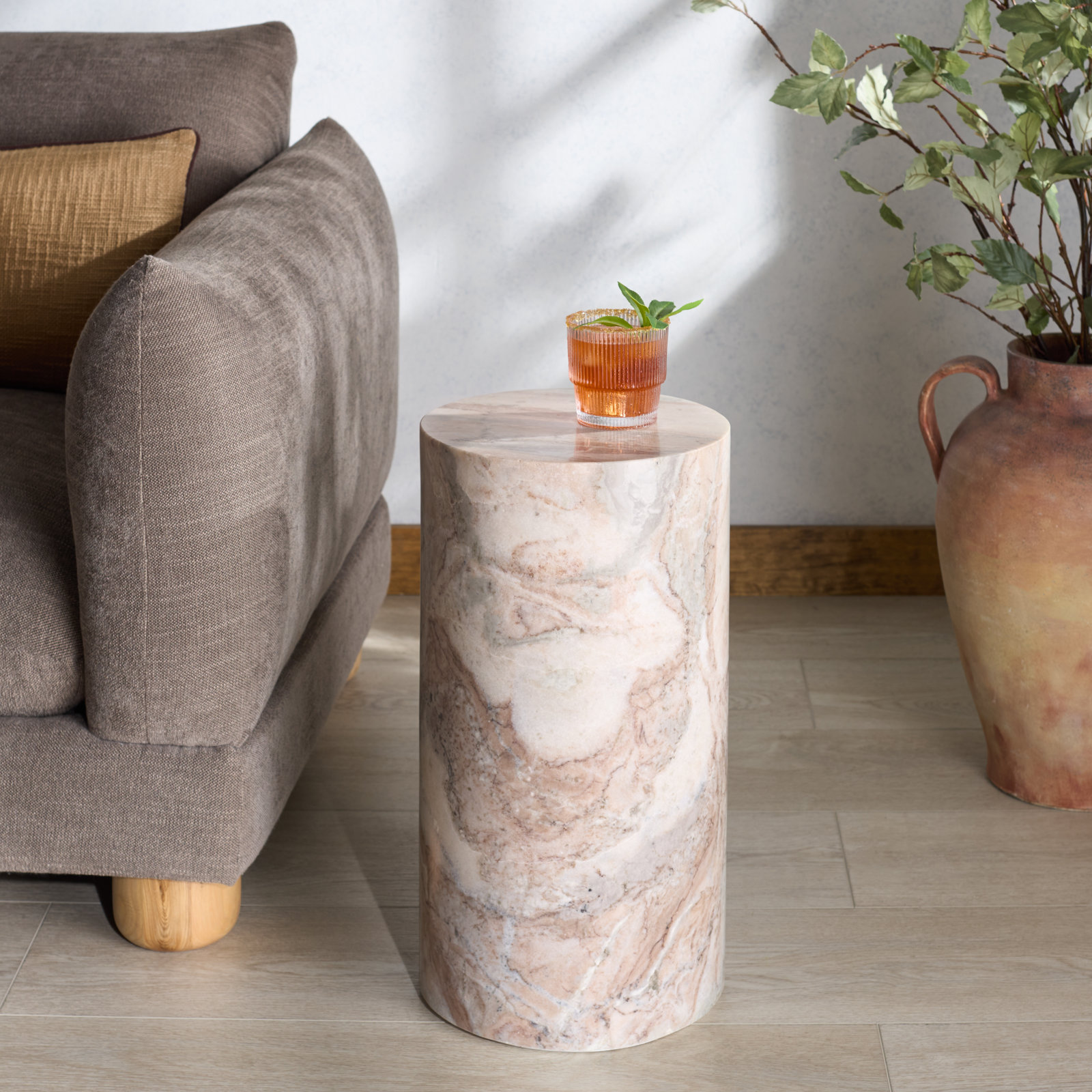 11" Genuine Marble End Table, White/Brown