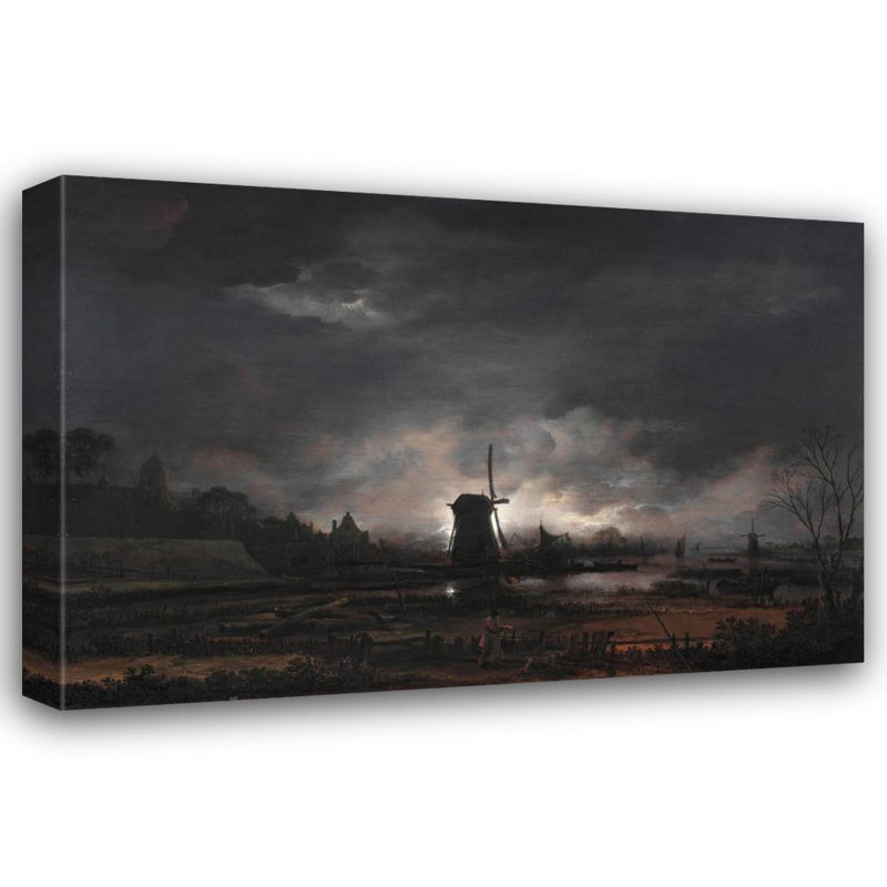 «Moonlit Landscape with a Windmill» par Aert Van Der Neer - Art mural sur toile tendue avec châssis, H 14 po x l 18 po