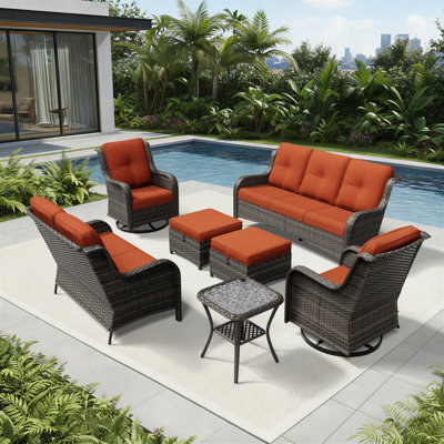 Ensemble de conversation de patio en osier 7 pièces avec fauteuil pivotant 360 ° et coussins capitonnés Holoman