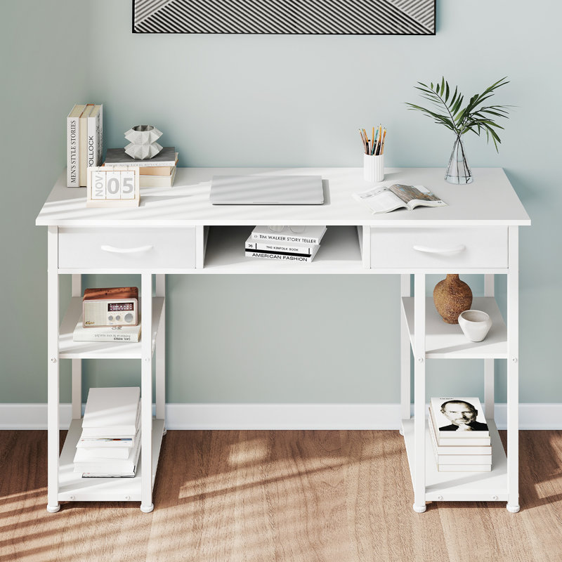 48 Inch Home Office Computer Desk with Fabric Storage Drawer and Shelves, White
