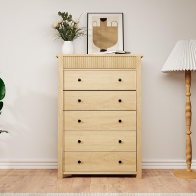Fluted 5 Drawer Wooden Dresser Nightstand, Storage Chest, Bedroom Living Room Hallway Entryway Organizer Table