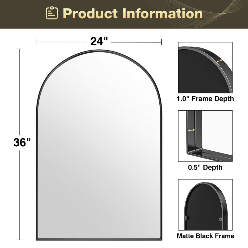 Axia 36''x24'' Metal Arch Wall Mounted Mirror for Bathroom, Living Room, Entryway, Matte Black, 36" x 24"