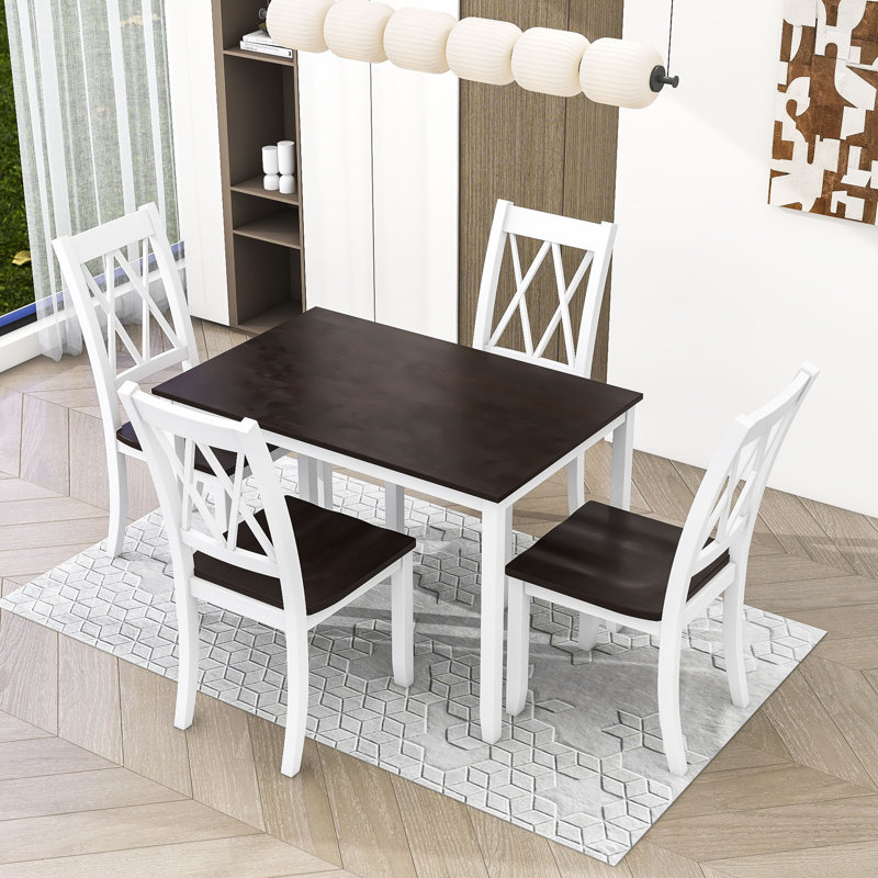 Ensemble de table de salle à manger 5 pièces avec cadre en bois et chaises ergonomiques Farmhouse, Blanc