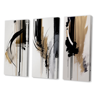 Noir, blanc et or Expression I - ensemble d'art abstrait mural de 3