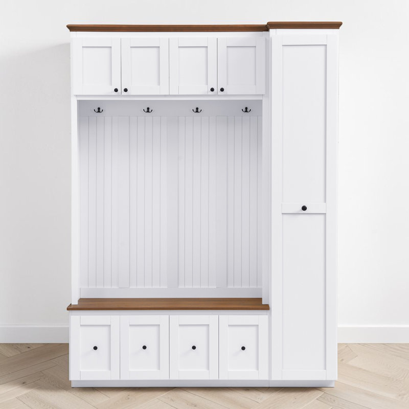 Hall Tree With Storage Bench, Coat Organization With Hooks, Tall Utility Cabinet, Modern Farmhouse, Entryway, White