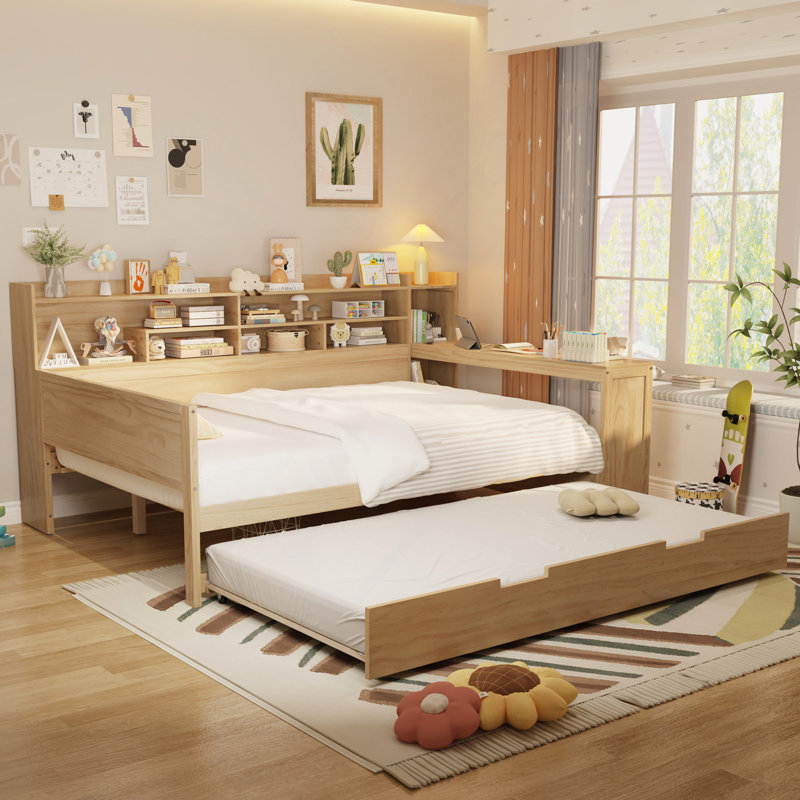 Lit de jour en bois avec tablettes de rangement, lit multifonctionnel avec lit gigogne et bureau d'étude, Naturel