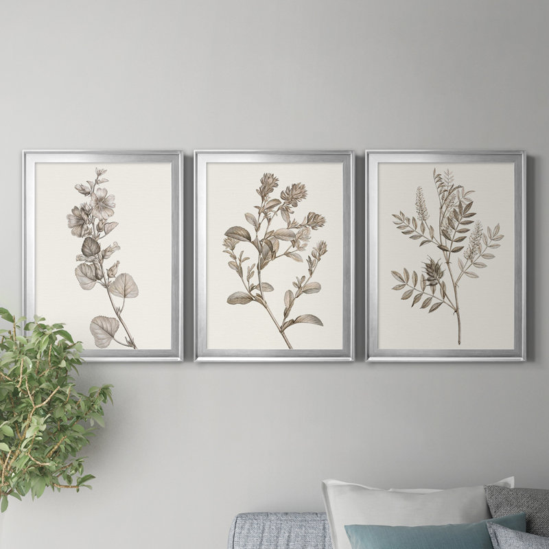 Neutral Botanical Study I - Ensemble de 3 impressions sur toile encadrées, Argent, H 30,5 po x l 127,5 po x P 4,5 po