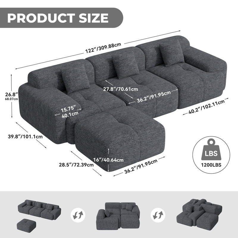 Boneless 122" Modern L Shaped Modular Sectional Sofa, Boneless Couches for Living Room with Ottoman,4 Seater Convertible Cloud Couch Sofa Set, No Assembly Required