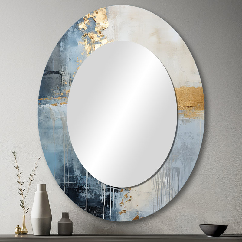 Paysage d'hiver simple beige et doré - miroir mural ovale moderne, H 43 po x l 33 po
