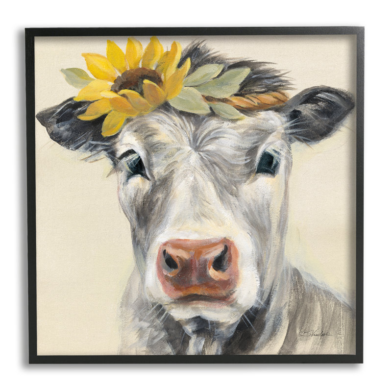 Vache avec couronne de tournesol par Silvia Vassileva - impression, Giclée encadrée noir minuit, H 17 po x l 17 po x P 1,5 po