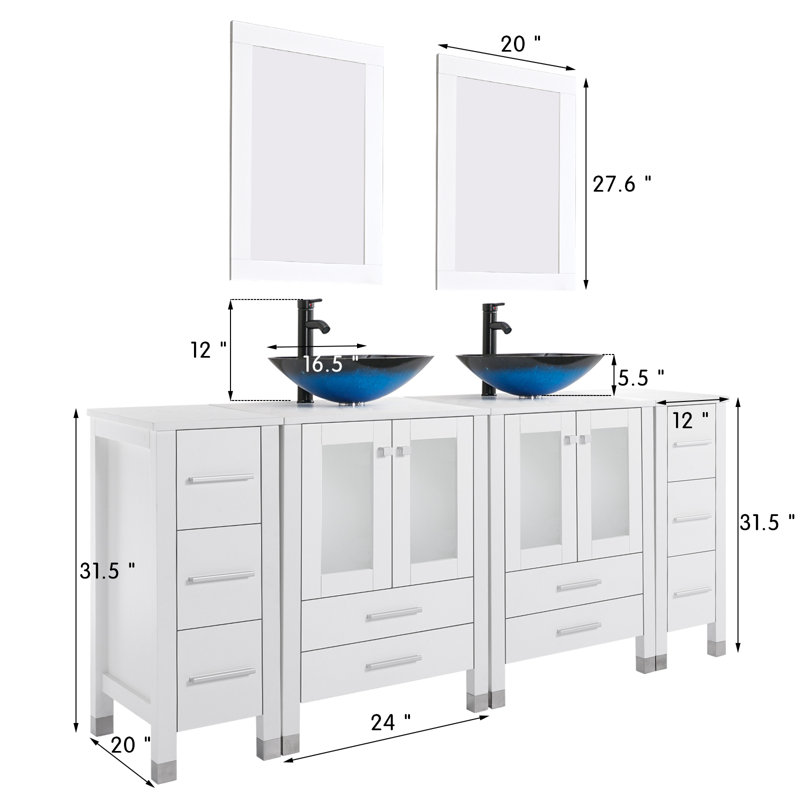 Ensemble de meuble-lavabo double 72 po avec plateau en bois, lavabo vasque, robinet en alliage de zinc et pieds en bois massif Gizzel