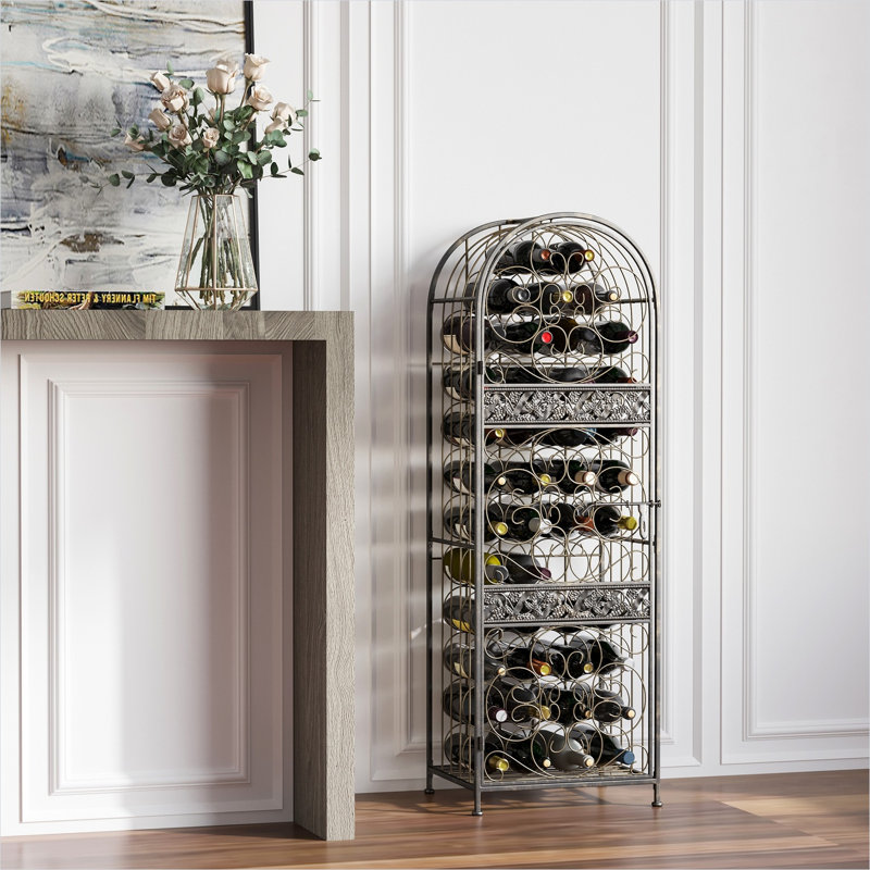 Support à vin en fer forgé antique avec porte à volutes verrouillable - Peut contenir 45 bouteilles de style Renaissance pour la cuisine ou le bar