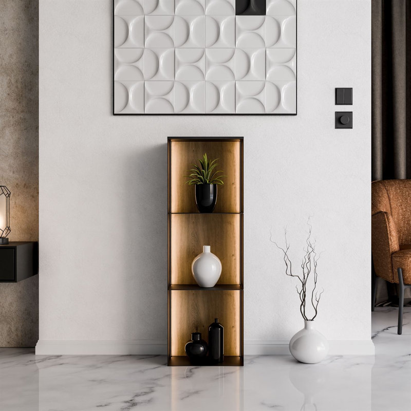 3 Piece Square Metal Cube Shelf, Black / Artisan with LED